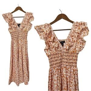 Aqua Scilla Smocked Ruffle Floral Midi Dress Size‎ XS Yellow Beachy Vacation NEW